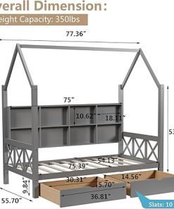 Kids House Bed Frame with Drawers and Headboard in Gray 2