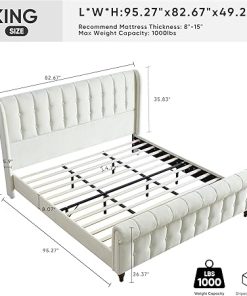 King Size Velvet Upholstered Platform Bed Frame with Tufted Headboard 2