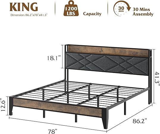 King Size Bed Frame with Headboard and Charging Station Grey Vintage 2 King Size Bed Frame with Headboard and Charging Station Grey Vintage - Image 2