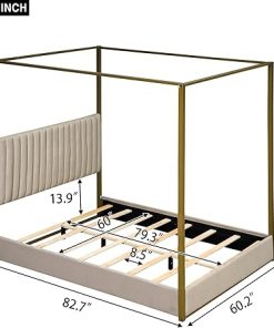 Queen Size Upholstery Canopy Bed Frame for Kids and Teens – Beige 2