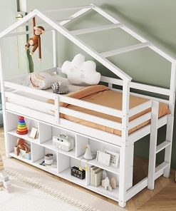 Twin Size Low Loft Bed with Roof Frame and Under Bed Storage Unit