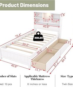 Twin Bed with 2 Storage Drawers, Wood Twin Storage Bed with Bookcase Headboard,LED Light and USB Charge Station,Twin Bed Frames Captain Bed for Kids, Girls,Boys,No Box Spring Needed, White 2