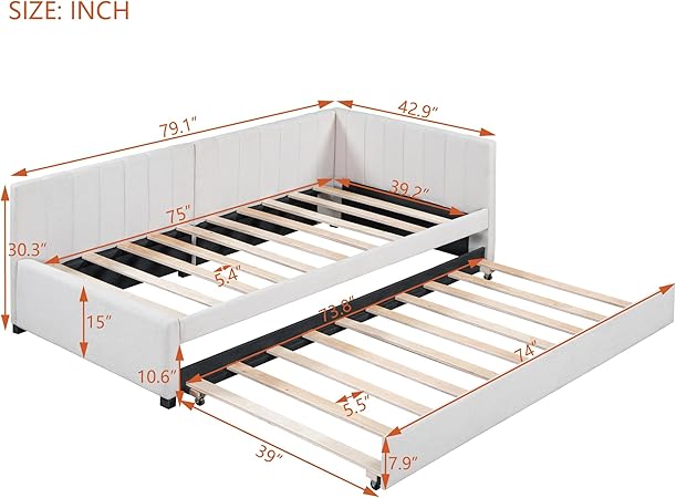 Upholstered Twin Size Daybed with Trundle for Small Spaces Beige 2 Upholstered Twin Size Daybed with Trundle for Small Spaces Beige - Image 2