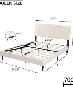 Beige Upholstered Queen Bed Frame with Headboard Easy Assembly 2