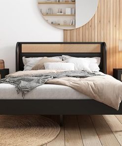 Queen Rattan Wood Bed Frame with PU Leather Headboard for Bedroom