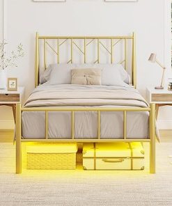 Twin Size Metal Bed Frame with LED Lights and Adjustable Headboard 2