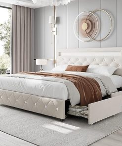 Velvet Upholstered LED Bed Frame with Storage Drawers in Beige