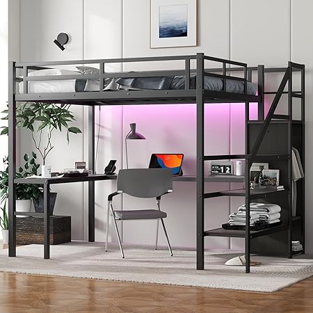 Full XL Metal Loft Bed with Desk and Storage Stairs for Space-Saving Full XL Metal Loft Bed with Desk and Storage Stairs for Space-Saving