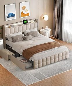 Queen Bed Frame with Upholstered Headboard and Storage Drawers