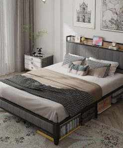 Full Size Metal Bed Frame with Trundle USB Ports and Storage Headboard
