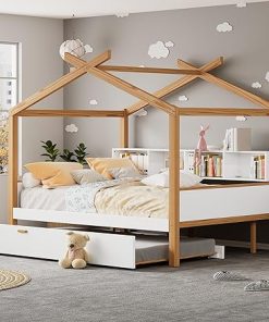 Wooden Twin House Bed Frame with Trundle and Storage for Kids and Adults