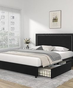 VECELO Full Size Upholstered Bed Frame with 4 Storage Drawers