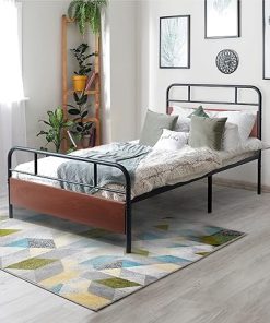 Twin Metal Bed Frame with Wood Headboard Footboard Noise-Free Design 2