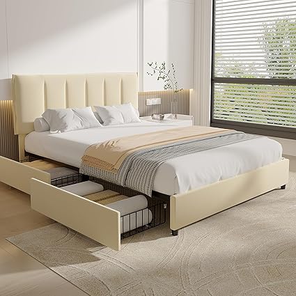 VECELO Queen Upholstered Bed Frame with Storage Drawers and Headboard 2 VECELO Queen Upholstered Bed Frame with Storage Drawers and Headboard - Image 2