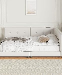 Queen Size Modern Upholstered Platform Bed with USB Ports Beige 2