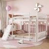 Twin Over Twin Low Bunk Bed with Climbing Ramp and Guardrails for Kids