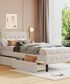 Twin Bed with Storage Drawers Upholstered Platform Bed for Kids