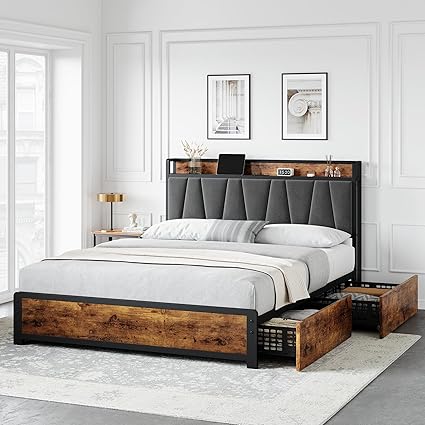 Queen Size Bed Frame with Storage and Charging Station Vintage Brown Queen Size Bed Frame with Storage and Charging Station Vintage Brown