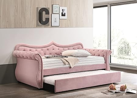 HABITRIO Twin Daybed and Trundle Wood Frame Upholstered Pink Sofa HABITRIO Twin Daybed and Trundle Wood Frame Upholstered Pink Sofa
