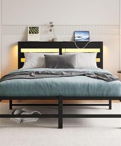 Full Size Bed Frame with Wood Storage Headboard and USB Ports