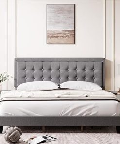 King Size Platform Bed Frame with Upholstered Tufted Headboard in Grey