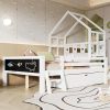 Twin Size Kids House Bed, Wood Montessori Floor Bed, Double Bed Frame with Fence, Flat Noodles and roof, House Bed for Girls and Boys’ Bedroom, Natural 4