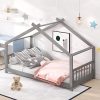Twin Floor Bed Wood House Design with Headboard and Roof Gray