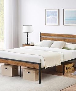 Rustic Queen Size Bed Frame with Metal Slats – No Box Spring Needed