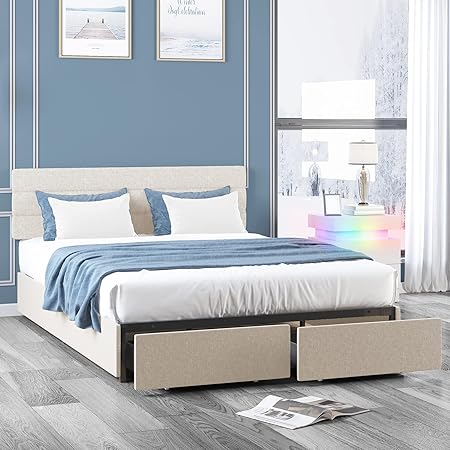 Queen Size Upholstered Bed Frame with Storage Drawers in Beige Queen Size Upholstered Bed Frame with Storage Drawers in Beige