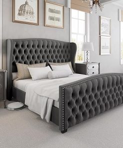 King Velvet Upholstered Platform Bed Frame with Wingback Headboard