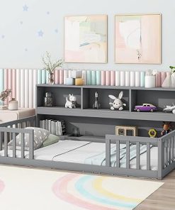 Grey Twin Floor Bed Frame with Storage Bookcase and Guardrails