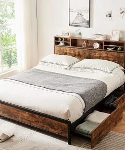 LAGRIMA Queen Metal Bed Frame with Bookcase Headboard and Drawers