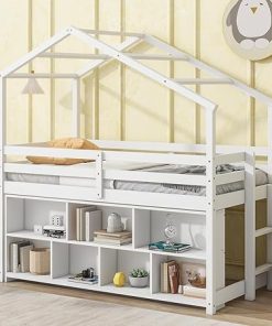 Twin Size Loft Bunk Bed with Guardrails, Ladder and Storage Shelves