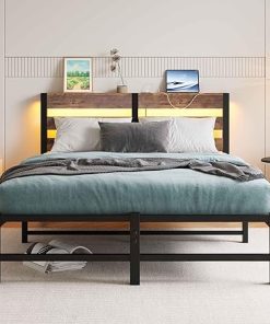 Queen Bed Frame with Wooden Headboard USB Charging and LED Lights