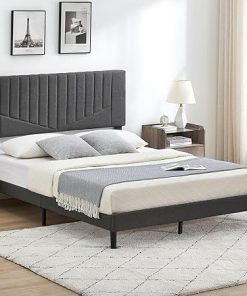 Queen Size Upholstered Bed Frame with Adjustable Striped Headboard 2