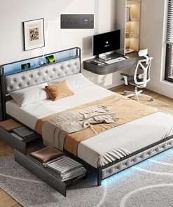 Full Bed Frame with Storage Drawers Charging Station and LED Lights 2