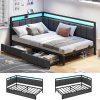 Queen Metal Bed Frame with LED Lights and Charging Station Black 3