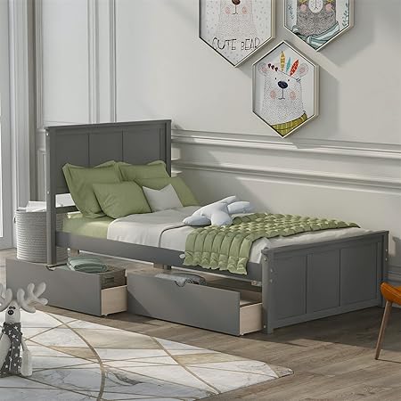 Twin Bed Frame with Drawers for Kids, Solid Wood Twin Platform Bed 2 Twin Bed Frame with Drawers for Kids, Solid Wood Twin Platform Bed - Image 2