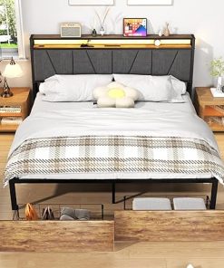 Queen Bed Frame with Storage Drawers and LED Lighting  
Queen Metal Platform Bed Frame for Stylish Bedroom Design  
USB and AC Charging Station for Convenient Bedside Use  
Ergonomic Headboard with Upholstered Backrest for Comfort  
Sturdy Queen Size Bed Frame for Lasting Durability 2