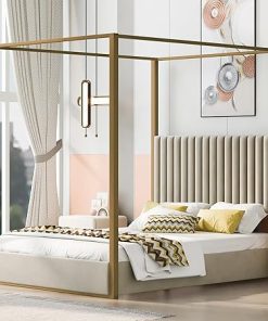 Queen Size Upholstery Canopy Bed Frame for Kids and Teens – Beige