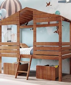 Merax Twin Montessori Loft Bed Frame with Drawers for Kids Walnut 2