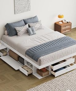 Queen Size Bed Frame with Storage Drawers No Headboard White Wood