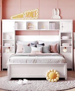 Meritline Full Size Bed Frame with 4 Storage Drawers and Bookcase