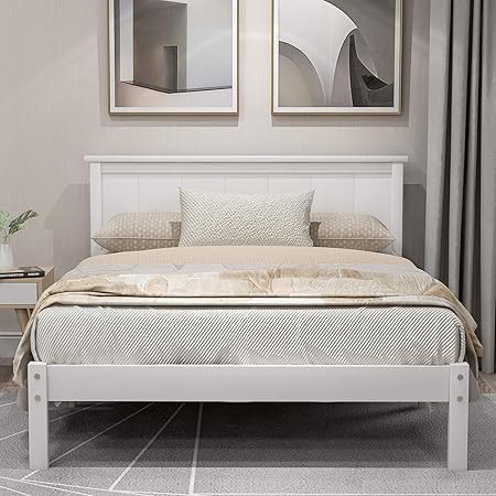 Full White Wood Platform Bed Frame with Headboard No Box Spring Needed Full White Wood Platform Bed Frame with Headboard No Box Spring Needed