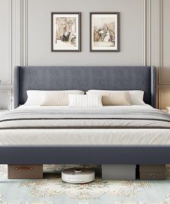 Dark Gray Upholstered King Bed Frame with Wingback Headboard