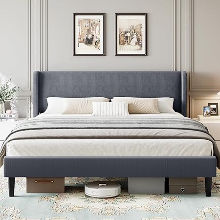 Dark Gray Upholstered King Bed Frame with Wingback Headboard Dark Gray Upholstered King Bed Frame with Wingback Headboard