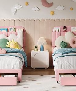 Twin Bed Frame Set for Kids with Storage Drawer and Bookcase Headboard
