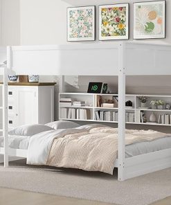 Queen Size Bunk Beds for Adults with Storage Shelves and Bookcase