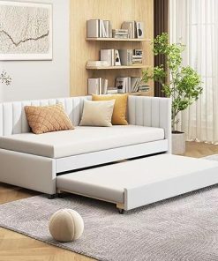 Upholstered Twin Daybed with Trundle Frame in Beige Linen Fabric