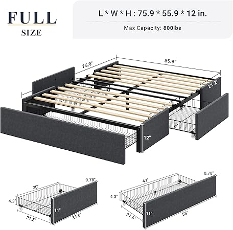 Allewie Full Size Platform Bed Frame with 3 Storage Drawers Dark Grey 2 Allewie Full Size Platform Bed Frame with 3 Storage Drawers Dark Grey - Image 2